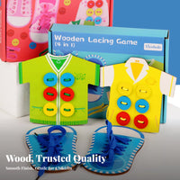Fine Movement Skills Development Wooden Lacing Game Educational 4 in 1 Lacing Board Set Hand-Eye Coordination for Preschoolers, Kids