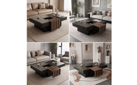 Sliding Surface Coffee Table Marble-Textured Coffee Table with Storage Rectangular for Living Room