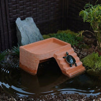 Terracotta Turtle Basking Resting Spot with Hide Porous Turtle Aquarium Accessories, Stepped Climbing Ramp for Semi-Aquatic Habitats