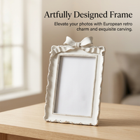 French Vintage Bow Photo Frame, Distressed White Resin Picture Frame, European Classical Ornate Display, Tabletop Frame for Home Decor