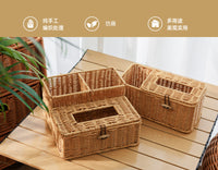 Rattan-Woven Tissue Box Cover, New Chinese Style Storage Box for Desk, Tabletop, Remote Control Organizer