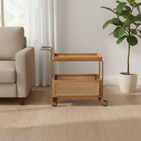 Movable Rattan Trolley Table Easy to Move Rattan Side Table Storage Rack Vintage Bedside Shelf Space-Saving for Living Room