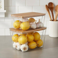 2 Pieces Multi-Purpose Bamboo Lid Storage Box Easy to Clean Plastic Bin with Bamboo Lid Shatter-Resistant for Cabinet