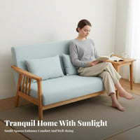 Paded Wood Frame Settee Japanese Design Upholstered Wood Frame Settee Space-Efficient Size Splayed Legs for Perusing Corner