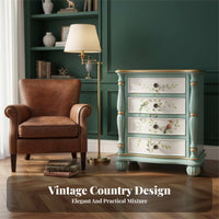 Rustic Country design Bedside Storage Cabinet Distressed Finish 4-Drawer Painted Side Table Floral Carving Nightstand Colorful Design for Homeowners, Apartment Dwellers, Interior Designers, Bedroom, Home Decor, Entryway, Small Spaces
