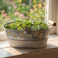 Galvanized Iron Planter with Handles Rustic Oval Metal Planter Embossed Floral Metal Plant Pot with Handles for Balcony