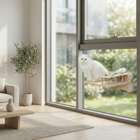 Window Cat Perch and Feeding Station with Bowls, Wooden Cat Window Sunbathing Bed for Large Indoor Cats, Suction Cup Sun Lounger Base Location
