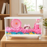 Transparent Hamster Cage Breeding Box Villa, Single Layer Clear Luxury Syrian Hamster Cage with Exercise Wheel and Water Bottle Accessory Set