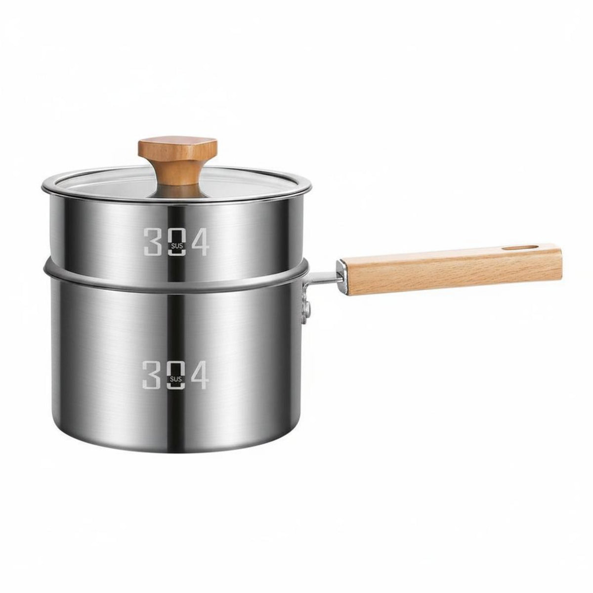 Stainless Steel Deep Fryer Pot Visible Glass Lid Japanese Battered Fryer Wooden Handle Saucepan for Home Kitchen