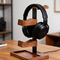 Wooden Headphone Controller Stand Space Saving Double Controller and Headset Dock Easy Assembly Wood and Metal Headset Stand