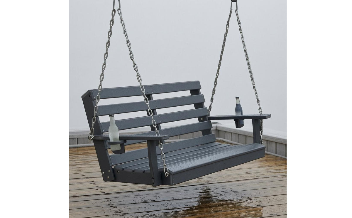 2 Seat Swing Bench Plastic Wood Two-Person Swing Bench Metal Chain Hanging System Cup Holders for Patio, Garden