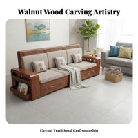 Walnut Wood Carved Sofa Set Double Use Winter Summer Chinese Design Wooden Sofa Mortise and Tenon Joinery Sectional Couch with Storage for Families