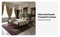 French design Upholstered Bed Frame Vintage Design Upholstered Bed with Carved Frame Luxury Feel Bedroom Furniture Intricate Carvings for Newlyweds, partners, Homeowners, Guest Room, Apartment, Home