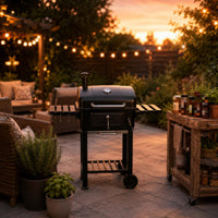Barbecue Grill with Side Shelves Curved Lid Black Barbecue Grill Chimney Vent Outdoor Cooking for Backyard