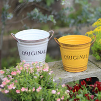 Round Metal Pail Planter Side Handles Vintage Metal Container Rustic Design
