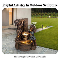 Boy and Girl Garden Statue Whimsical Design Children Garden Sculpture Hand-Painted Details Boy and Girl Water Feature Statue for Grandparents, Patio