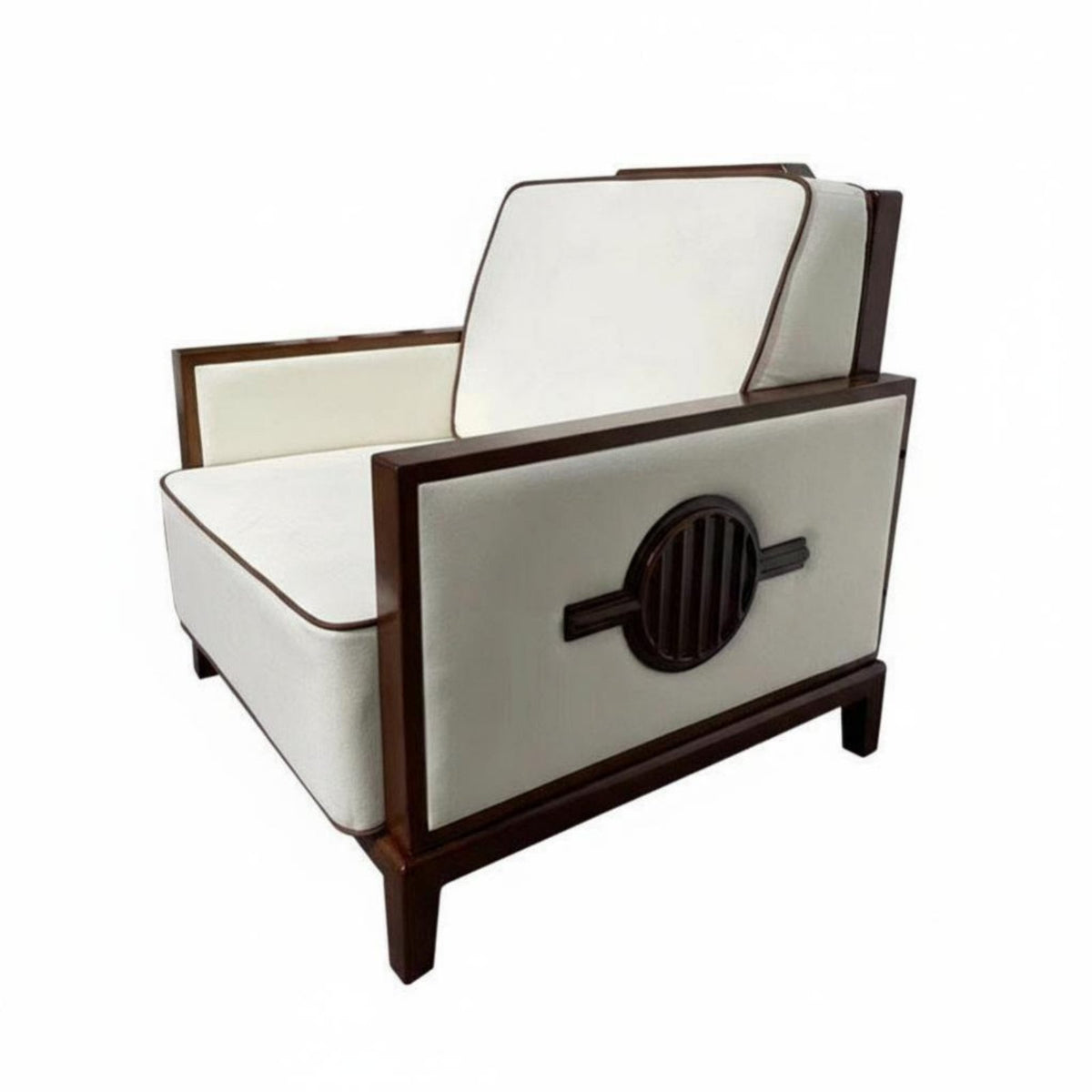 Wooden Frame Fabric Armchair Modern Chinese aesthetic Single Sofa Padded Armrests dense Foam seat pad for Hotel Lobby, Bedroom