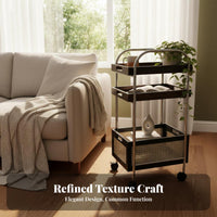 2-Tier Rolling Table Rattan Weave Accent 2-Tier Rolling Organizer Mobile Design Wood Top for Apartment Dwellers, Students