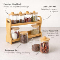 Bamboo Spice Rack with Glass Jars, Kitchen Countertop Organizer, Modern Minimalist Seasoning Holder, Tabletop Storage Rack No Drill