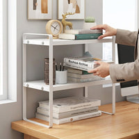 2-Tier Desktop Book Organizer, Desk Storage Shelf with Metal Frame for Students, Multi File for Office, Tabletop Rack