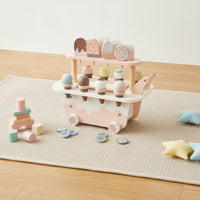 Ice Cream Cart with Make-Believe Snacks Wooden Ice Cream Cart with Handle Pastel Pretend Play Store for Young Children