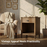 Drawer Nightstand French Vintage Design Single-Drawer Nightstand Distressed Finish Handmade for Guest Room, Small Spaces
