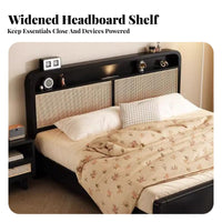 Rattan Panel Bed Frame Wabi-Sabi Aesthetic Woven Cane Bedstead Vintage Design Bedroom Furniture for Homeowners, Apartment Dwellers, Guest Room, Home