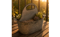 Metal Tabletop Planter Weathered Metal Flower Container Decorative Scroll Border