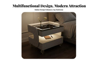 Smart Nightstand with Casters Cordless Charging Bedside Table Minimalist Furniture Glass Top Adjustable Glow Panel and Secure Storage Suitable for Digital Technology Enthusiasts Students Bedroom