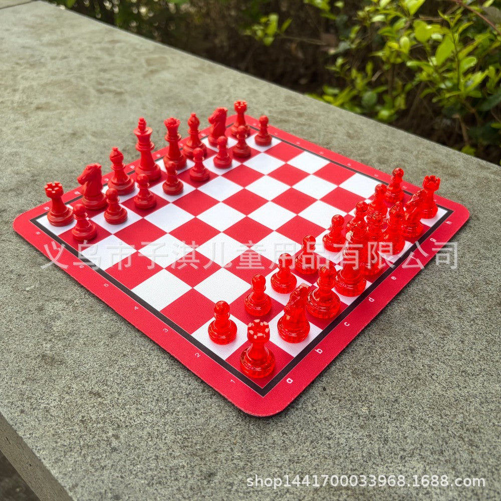 Red and White Checkered Chess Board 24cm with Pieces