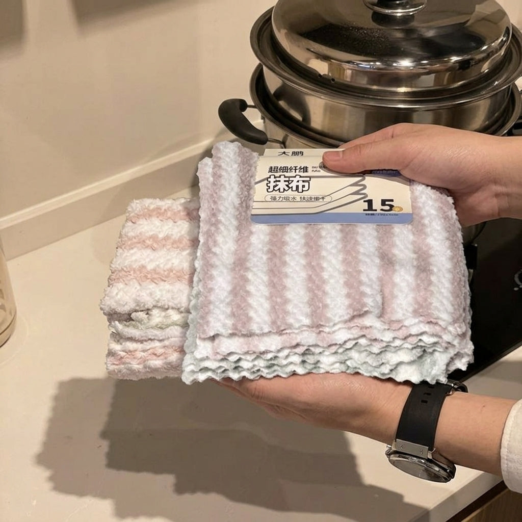 15 Pack Microfibre Cloth, Striped Microfibre Cleaning Cloths for Kitchen Dishes, 25x25cm High Absorbency Towels