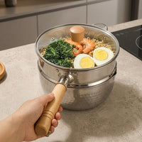Baby Food and Milk Pan Stainless Steel Pot for Cooking, Hammered Stainless Steel Soup Pot with Steamer, Small Saucepan with Lid, Wood Handle