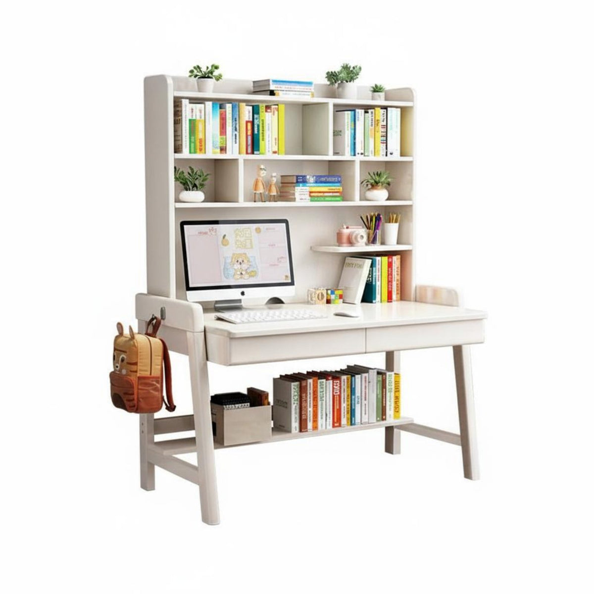 Writing Desk Multi-functional Solid Wood Computer Workstation Bookshelf Storage Adjustable Ergonomic Space-saving Design Suitable for Students Children Home Office Dorm Room Study Area
