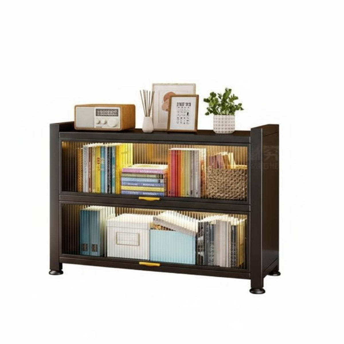 Steel TV Cabinet with Fluted Glass Doors Sturdy Construction Fluted TV Stand High Load Capacity Floor Standing Storage Cabinet for Bedroom