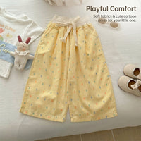 Girls Two Piece Clothing Set for Kids with Cartoon T-Shirt and Wide Leg Pants, Short Sleeve Casual Wear for Summer, 90% Blend Outfit