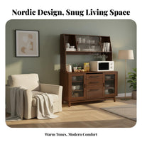 Wooden Buffet Cabinet Modern Simple Design Dining Room Sideboard with Glass Doors Multi-Functional Standing Tea Cabinet for Renters, Home, Hallway