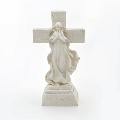 Cross Figurine with Praying Hands Distressed Statue with Light Lighted Cross Figurine for Balcony