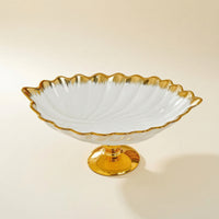 Ceramic Bowl with Pedestal Oval Fruit Bowl Gold-Rimmed for Sideboard
