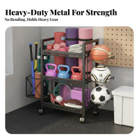 Home Gym Storage Rack Portable with Lockable Wheels Rolling Sports Accessories Rack Includes Hooks and Container Home Gym Storage Cart for Families