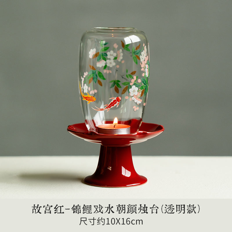 昌朴居烛台锦鲤戏水朝颜故宫红陶瓷底座中式禅意摆件蜡烛台氛围灯