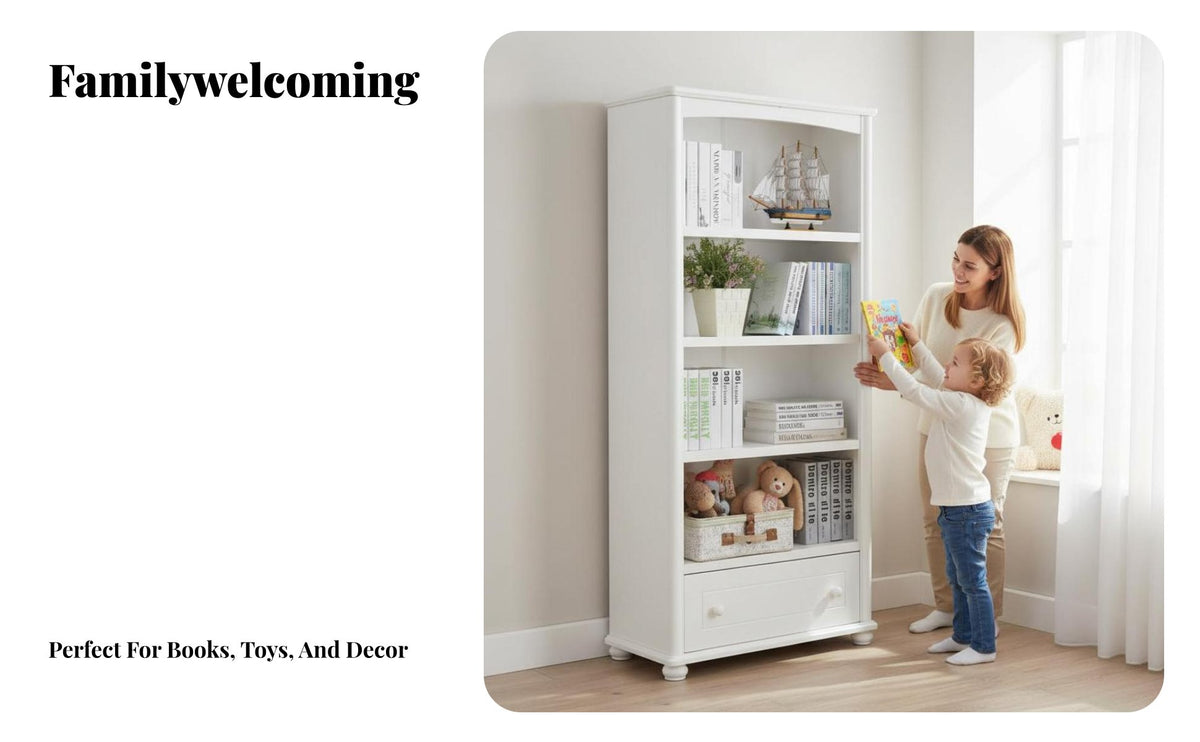 Minimalist Design Multi-Tier Bookcase Available with Drawers or Doors White Multi-Tier Shelving Unit Unrestricted Standing Design Storage Furniture Rounded Corners for Children, Students, Book Lovers, Study Room, Bedroom, Playroom