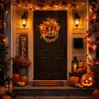 Halloween Pumpkin Door Wreath with Maple Leaves Wall Hanging