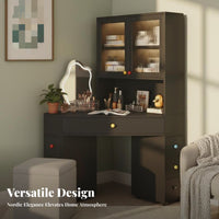 Modern design Triangular Corner Vanity with Lighted Mirror Space-Saving Design Lighted Corner Vanity with Storage Includes Matching Stool Dressing Table for Apartment Dwellers, Women, Young Adults