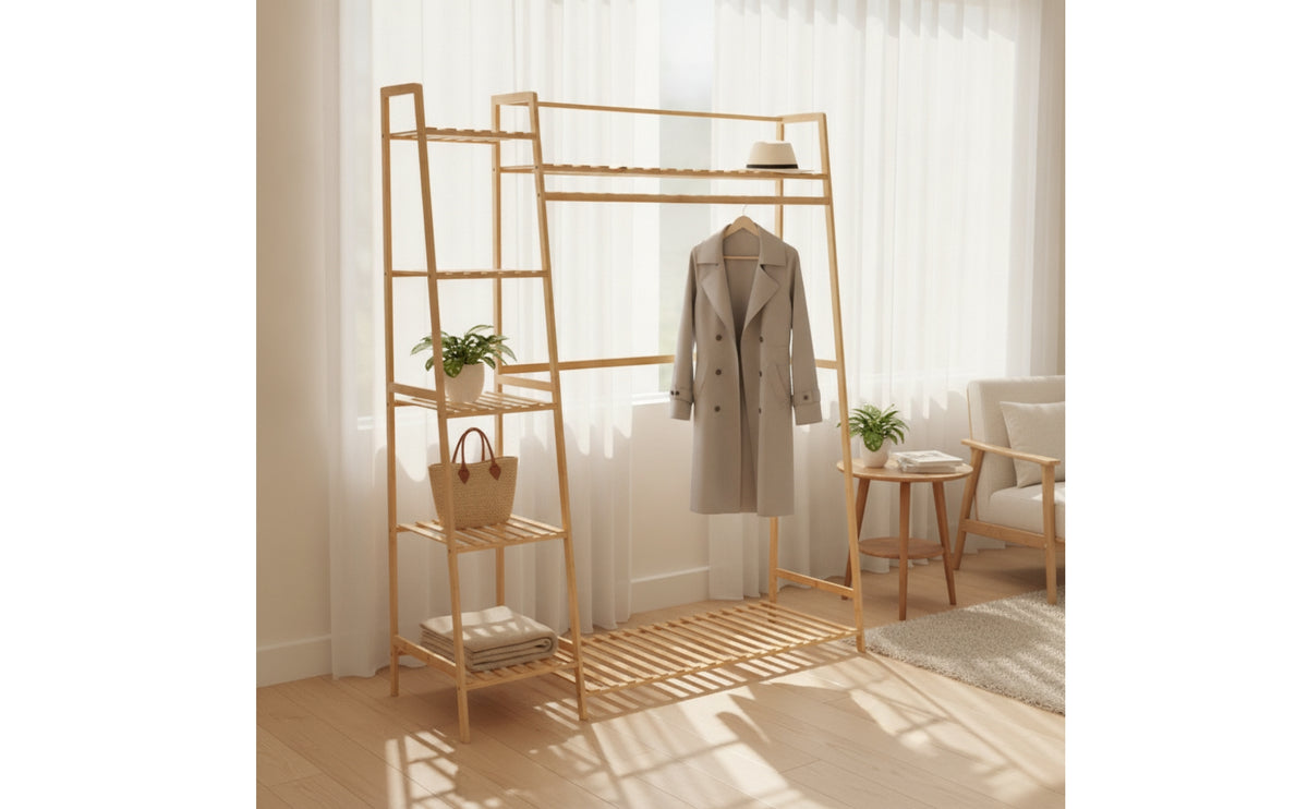 Bamboo Clothing Rack Multifunctional Freestanding Garment Rack Minimalist Furniture for Walk-Through Wardrobe