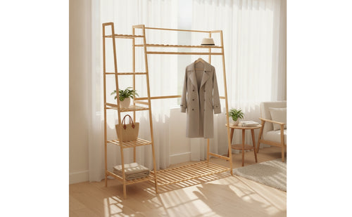 Bamboo Clothing Rack Multifunctional Freestanding Garment Rack Minimalist Furniture for Walk-Through Wardrobe