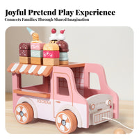 Wooden Dessert Cart Pink and White Dessert Cart Toy Striped Awning for Role-Play, Display