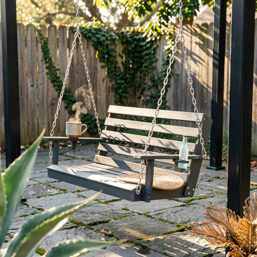 2 Seat Swing Bench Plastic Wood Two-Person Swing Bench Dark Gray Finish Armrests for Garden