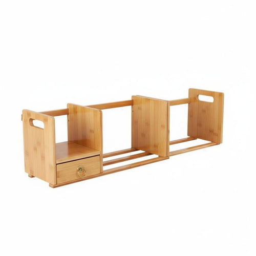 Bamboo Desk Shelf with Drawers Easy Assembly Retractable Tabletop Book Rack