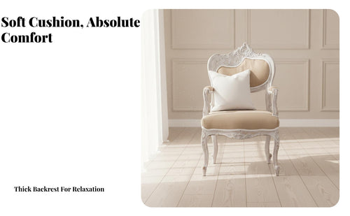 Distressed Finish Carved Wood Frame Armchair French Country design Upholstered Armchair Vintage Design Sofa dense Foam seat pad for Photo Studio Owners, Interior Designers, Living Room, Guesthouse, Bedroom, perusing corner