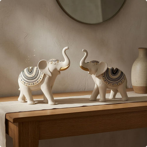 2 Pieces Resin Elephant Figurines Geometric Pattern Elephant Statue Set Textured Animal Ornaments